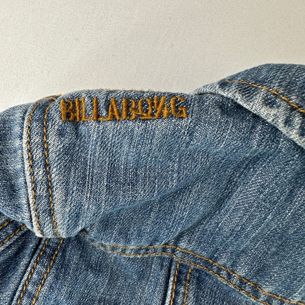 Billabong Womens Denim Moto Jacket Distressed Blue Zipper Sleeve Retro Sz Medium - Picture 8 of 14